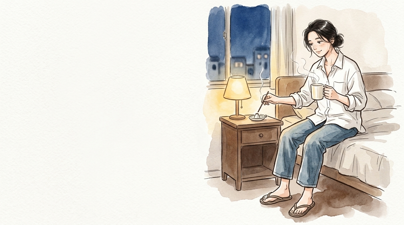 夜の寝室でお香を焚く女性のイラスト