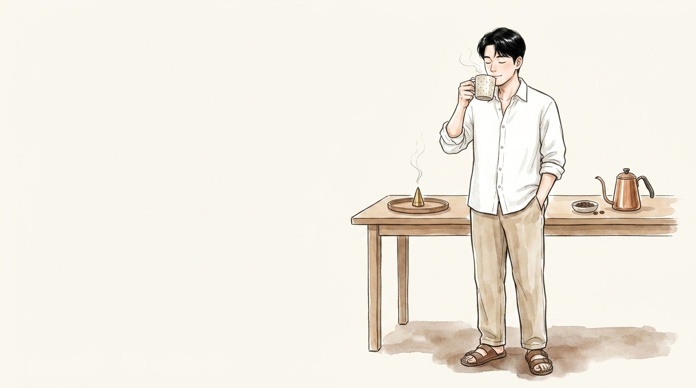 湯気の立つコーヒーカップに鼻を近づけて香りを味わう男性のイラスト