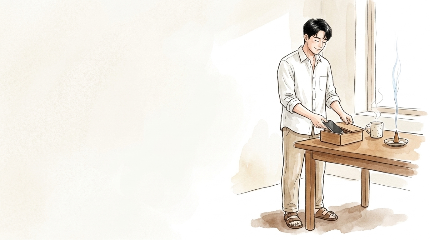 朝の窓辺でスマホを木箱にしまい、お香と珈琲でくつろぐ男性のイラスト