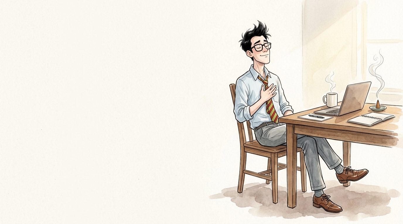 朝の机で手を止め、お香の香りの中で目を閉じて深呼吸する会社員のイラスト