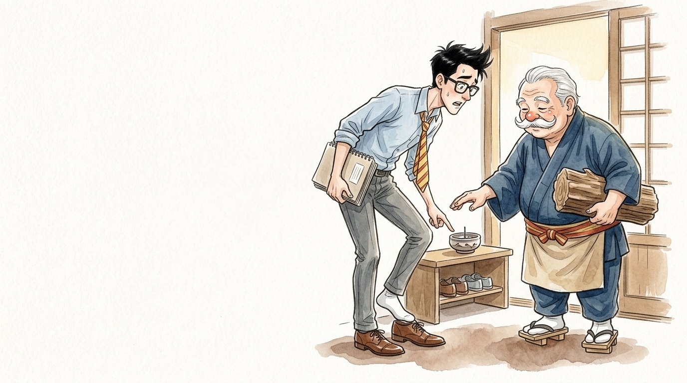 玄関で香皿の温度を確認する香司の爺さんと会社員のイラスト