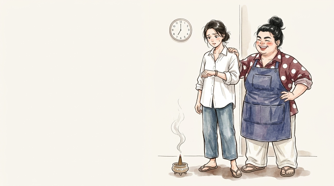 来客前に玄関でお香を焚き、時計を気にする女性と自信ありげな母親のイラスト