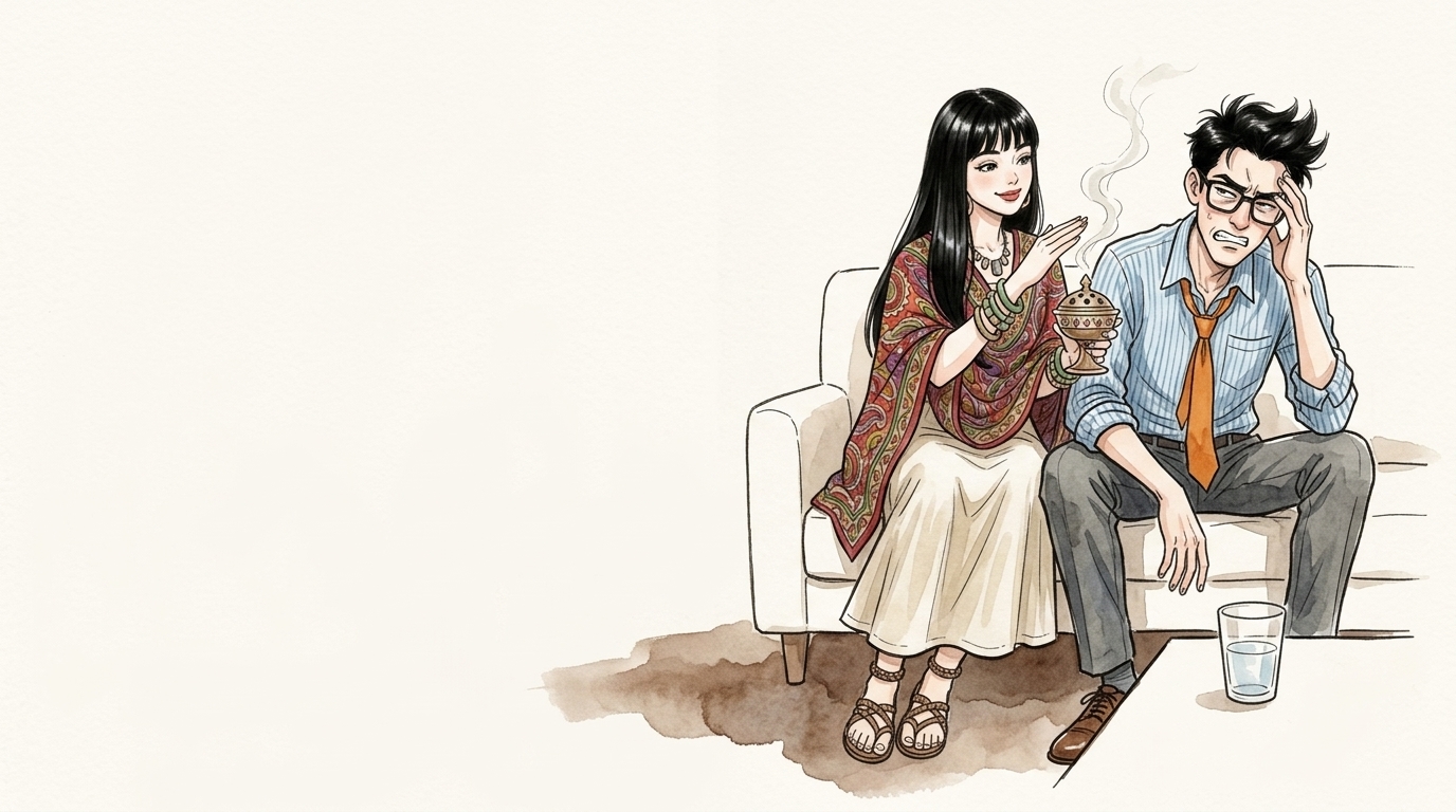 二日酔いで頭を抱える会社員と、お香を勧めて微笑む女性のイラスト