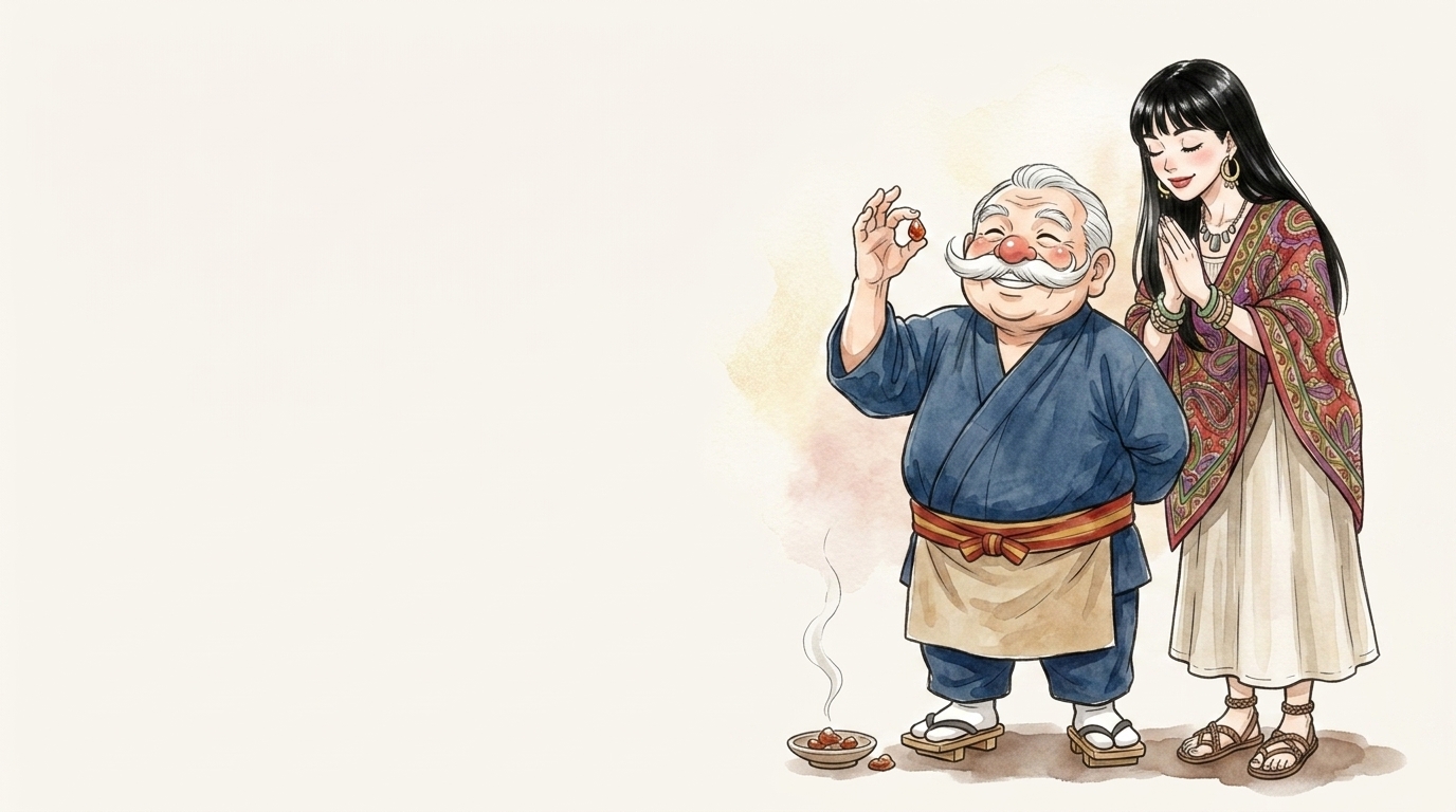 赤褐色の樹脂ミルラを見つめる二人のイラスト