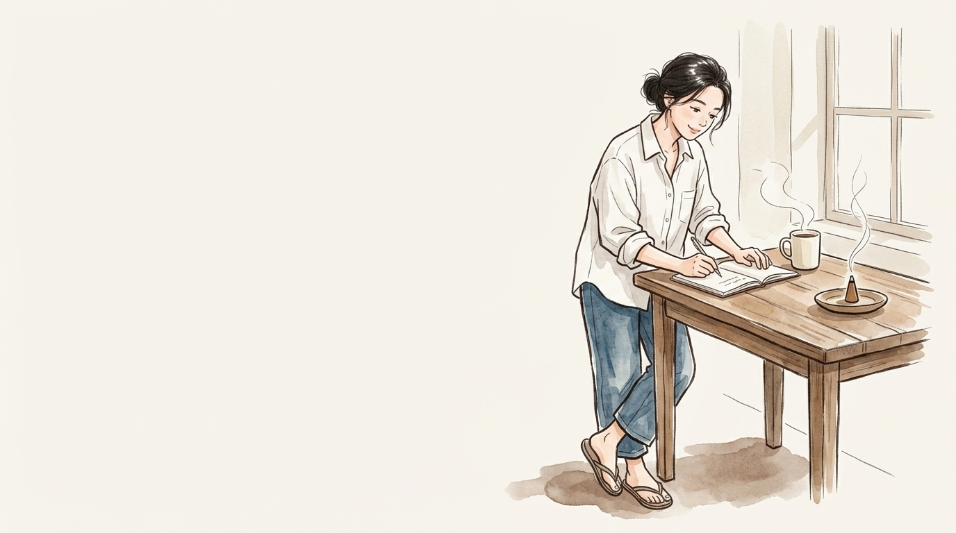 朝の窓辺で珈琲とお香を置き、ノートに書き込む女性のイラスト