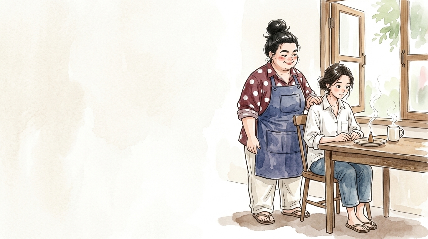 目を開けたままお香の煙を眺める女性と、肩に手を置いて見守る母親のイラスト