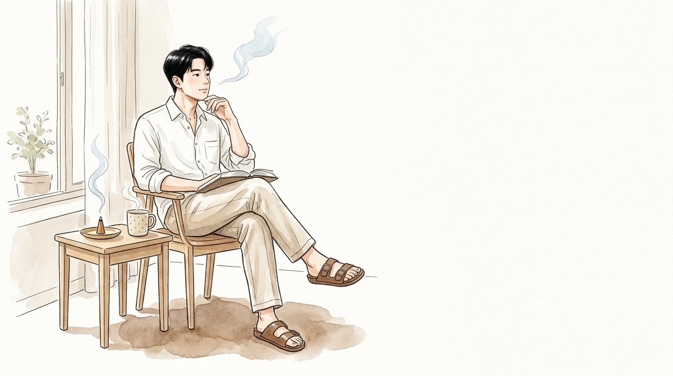 窓辺でお香を焚きながら一人の時間を楽しむ男性のイラスト