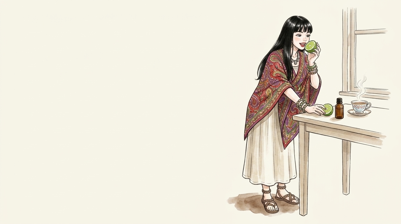 朝の窓辺でベルガモットの香りを確かめる女性のイラスト
