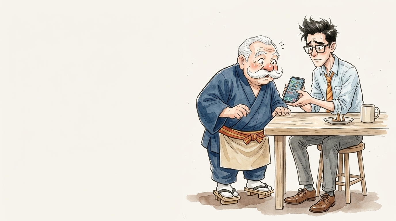 スマホのアプリ画面を見せる会社員と、覗き込む年配男性のイラスト