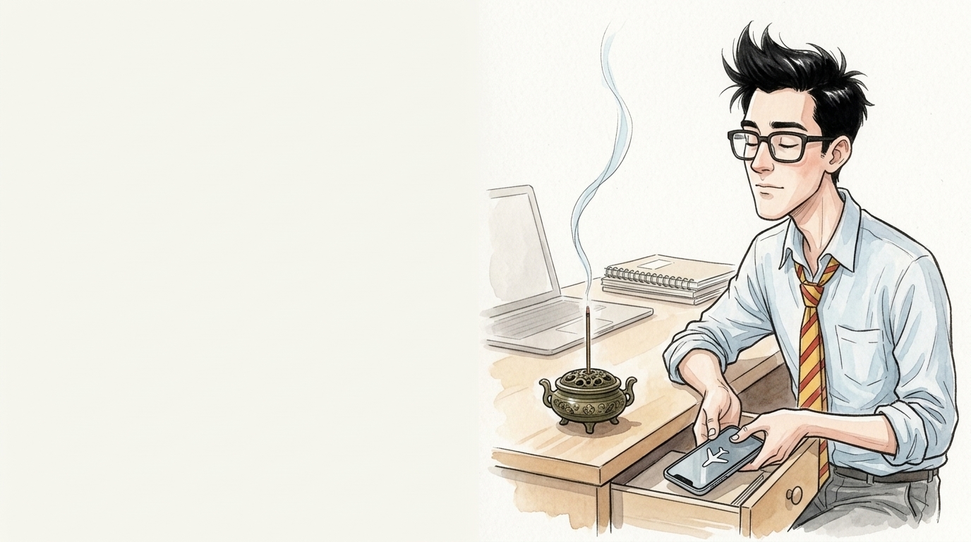 朝のデスクでスマホを引き出しにしまい、お香の煙を見つめる会社員のイラスト