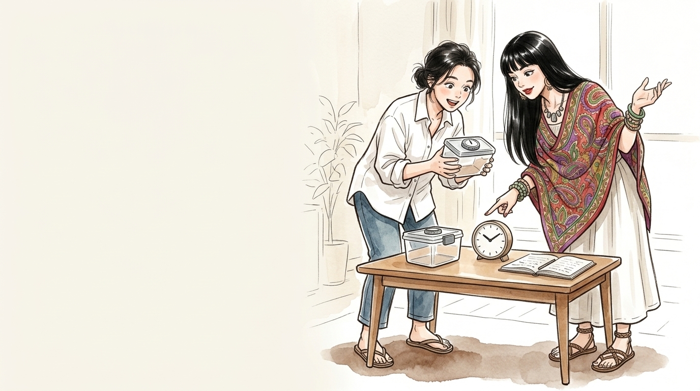 テーブルに並んだタイムロッキングコンテナや置き時計を見比べる2人の女性のイラスト