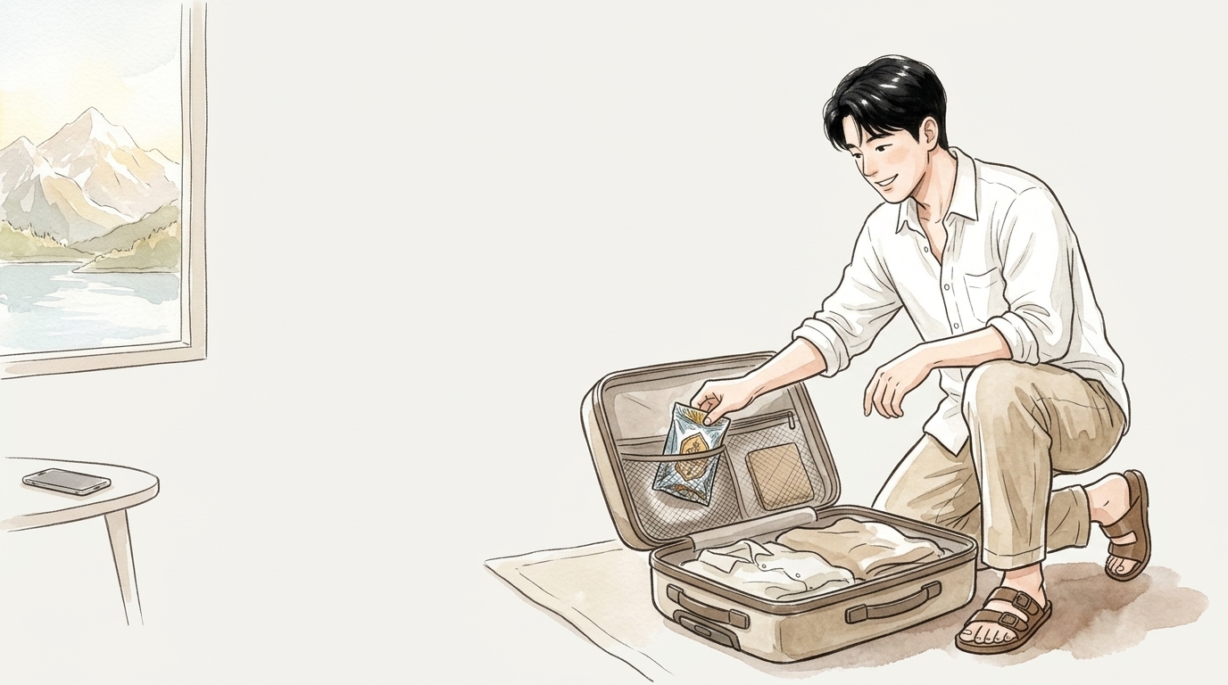 旅行の荷物にお香を入れる男性と窓の外に広がる旅先の景色のイラスト