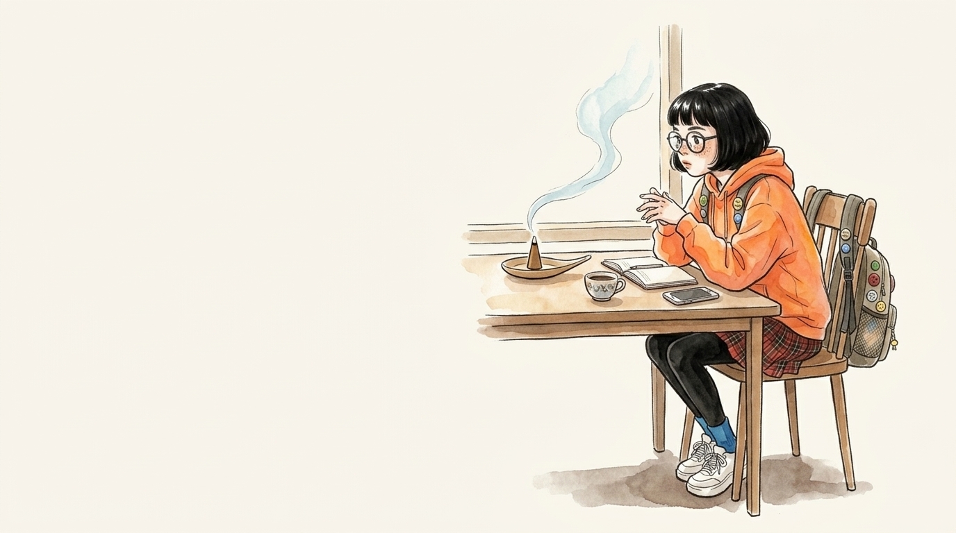 朝の机でスマホを伏せ、お香の煙を見つめる大学生のイラスト