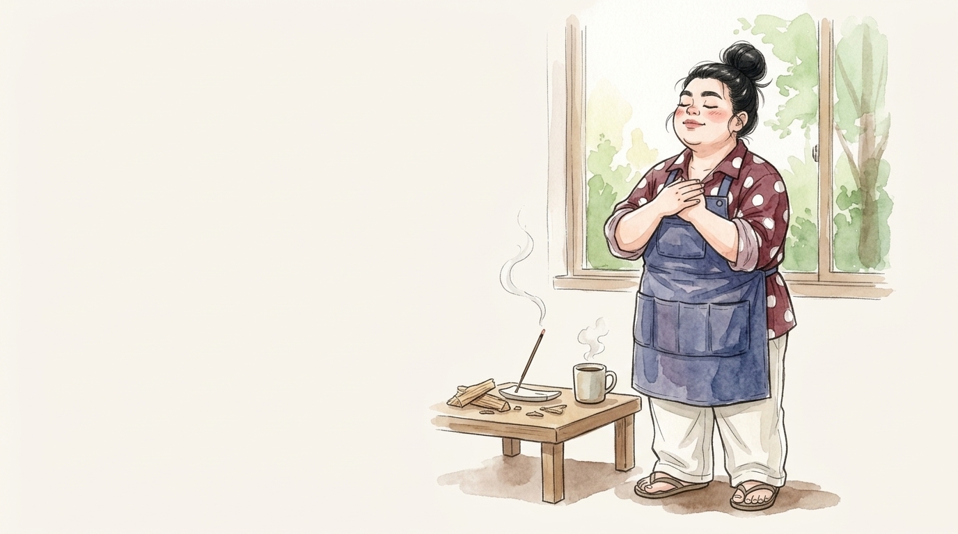 朝の窓辺でヒノキの香りを感じながら深呼吸する女性のイラスト