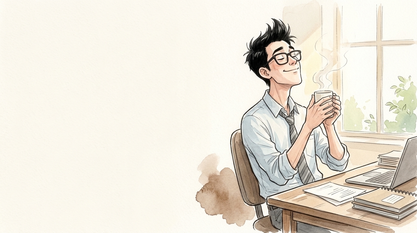 ジャスミンティーの湯気の香りを吸い込んでほっとする会社員のイラスト