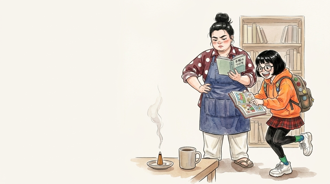 本棚の前でノート術の本を見比べる母親と大学生のイラスト