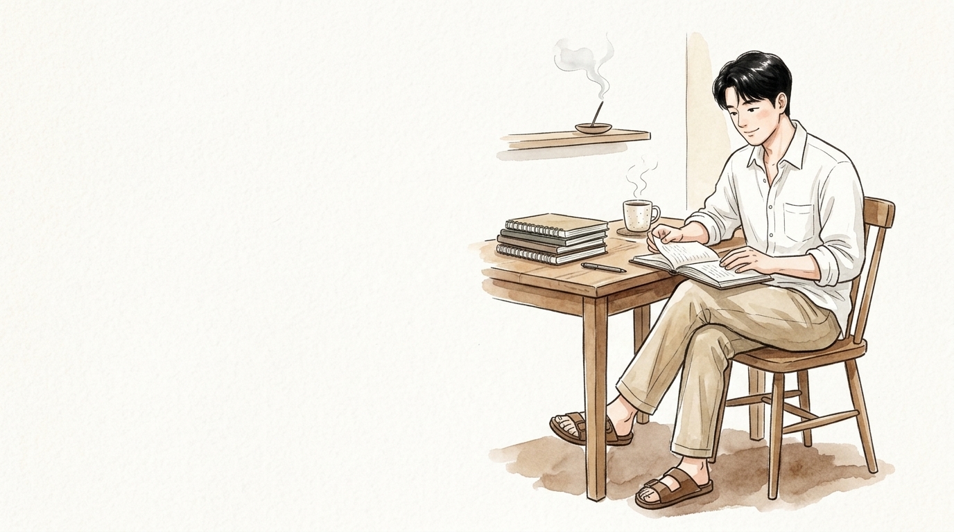 書き溜めたノートを読み返しながら微笑む男性のイラスト