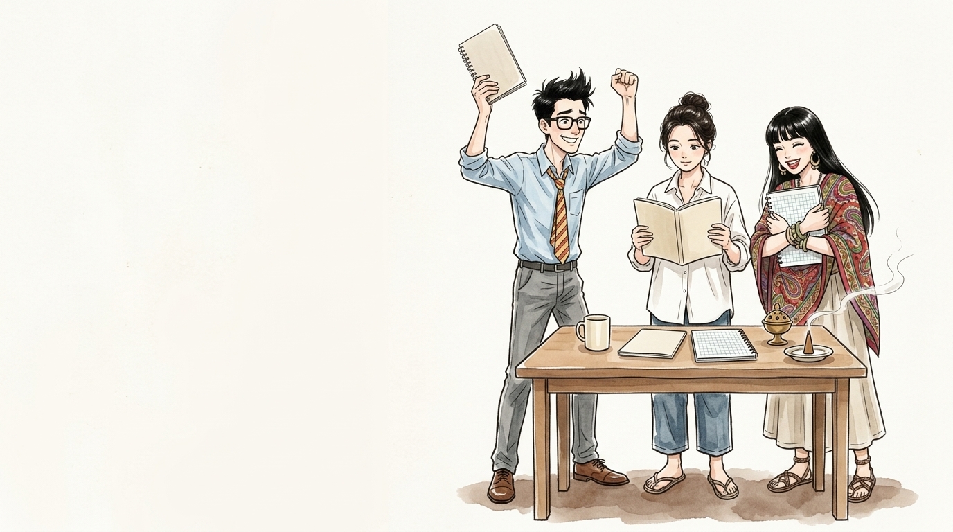 3種類のジャーナリングノートを見比べる3人のイラスト