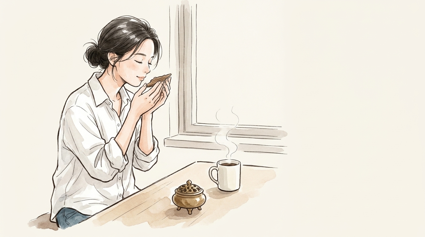朝の窓辺で小さな香木のかけらの香りを確かめる女性のイラスト