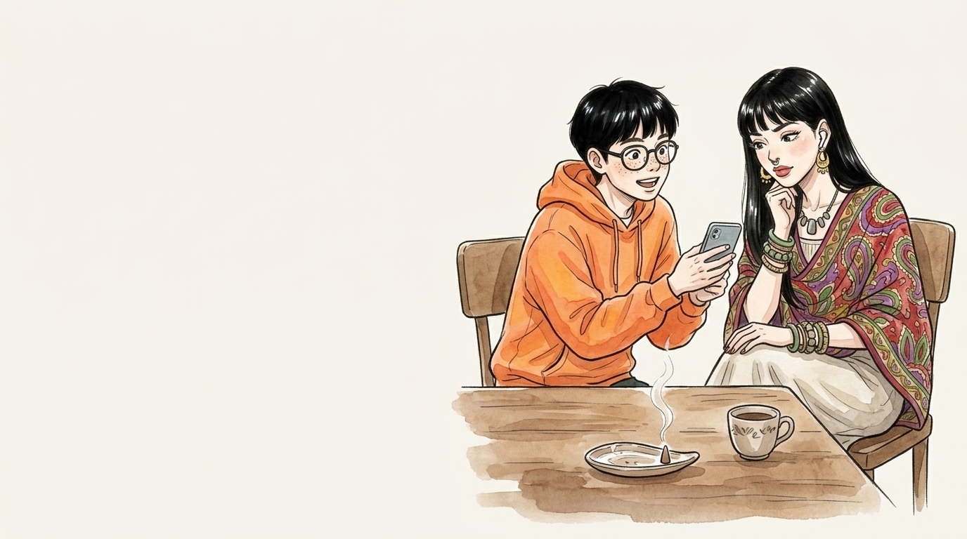 マインドフルネスアプリの画面を見せ合う2人のイラスト