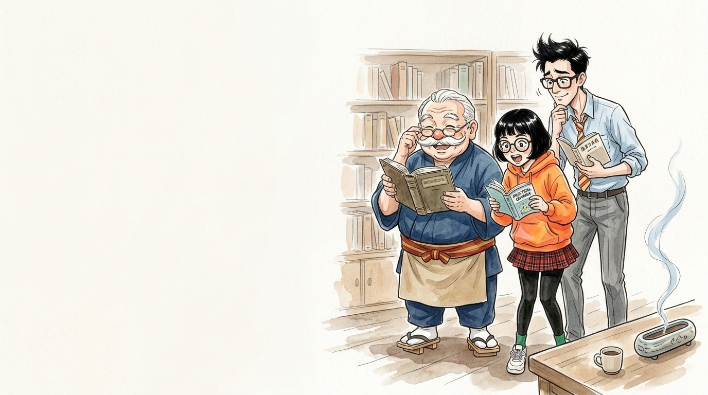 本棚の前で3人がそれぞれ違うマインドフルネス本を読み比べるイラスト