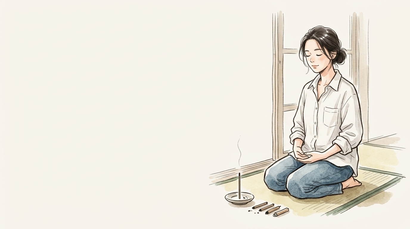 朝、お香を焚きながら静かに目を閉じて座る女性のイラスト