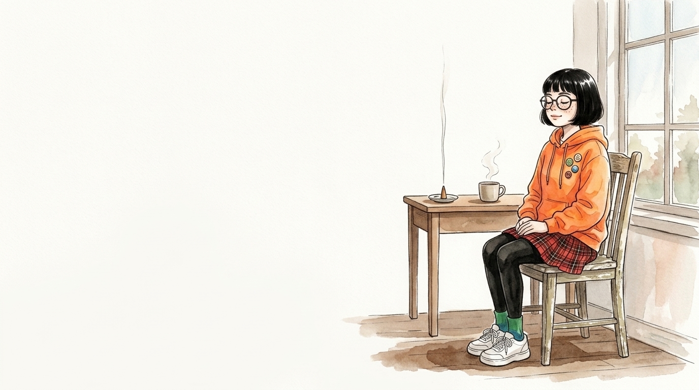 朝の窓辺で目を閉じて呼吸を整える学生のイラスト