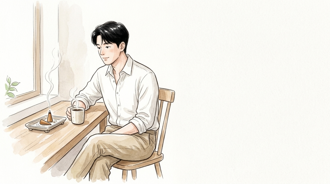 朝の窓辺でお香の煙をただ見つめる男性のイラスト