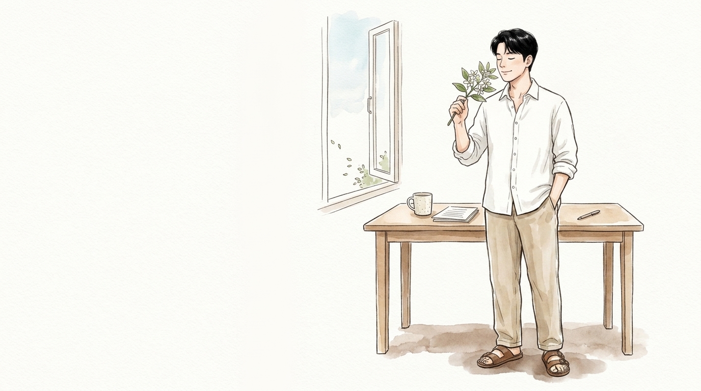 朝の窓辺で白いネロリの花の枝の香りを確かめ、表情をゆるめる男性のイラスト