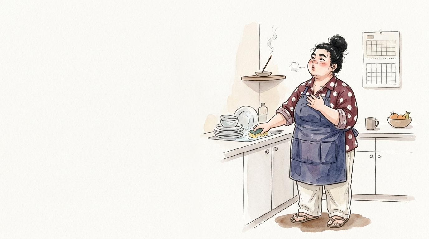朝のキッチンで洗い物の手を止め、お香の煙を見つめる母親のイラスト