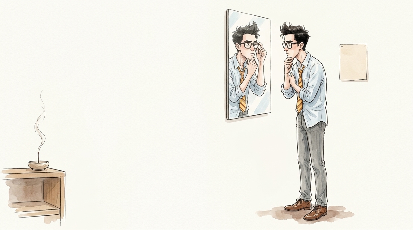 鏡の前で自分の状態を見つめる会社員のイラスト