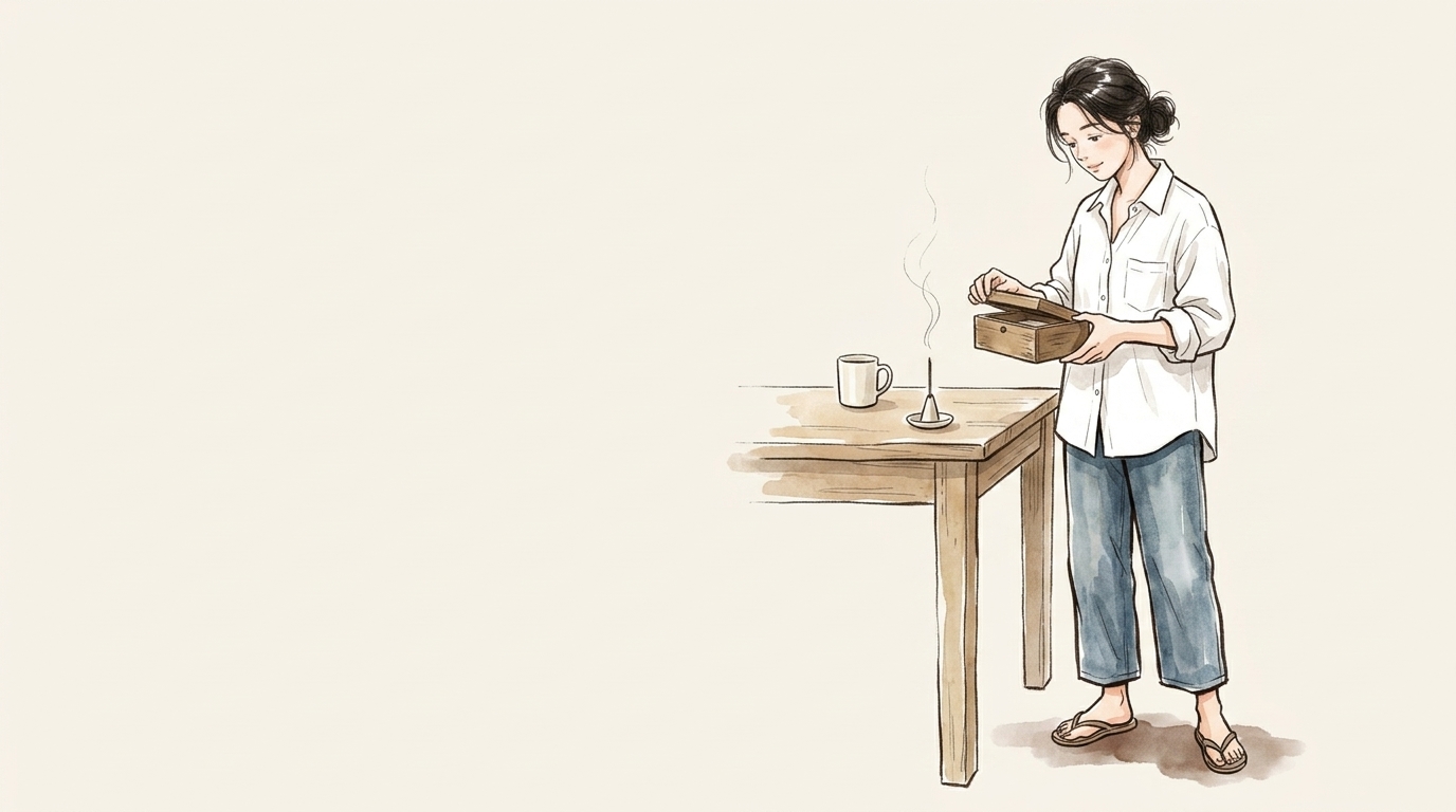 朝の窓辺で道具箱を開き、お香の煙を見つめる女性のイラスト
