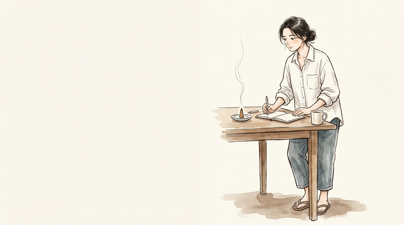 ノートを開き、お香の香りを見つめながら心を整える女性のイラスト